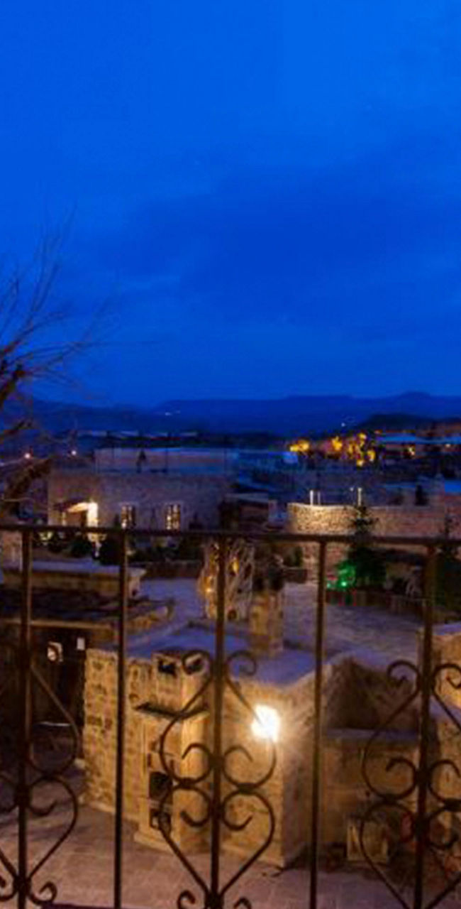 Scenic evening view from rustic balcony