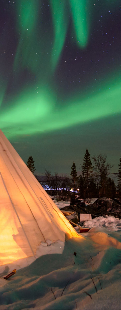 Winter tent under vibrant northern lights