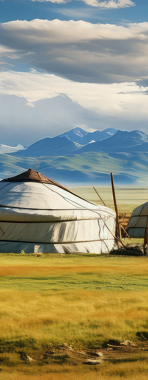 Traditional yurts in scenic Mongolian steppe