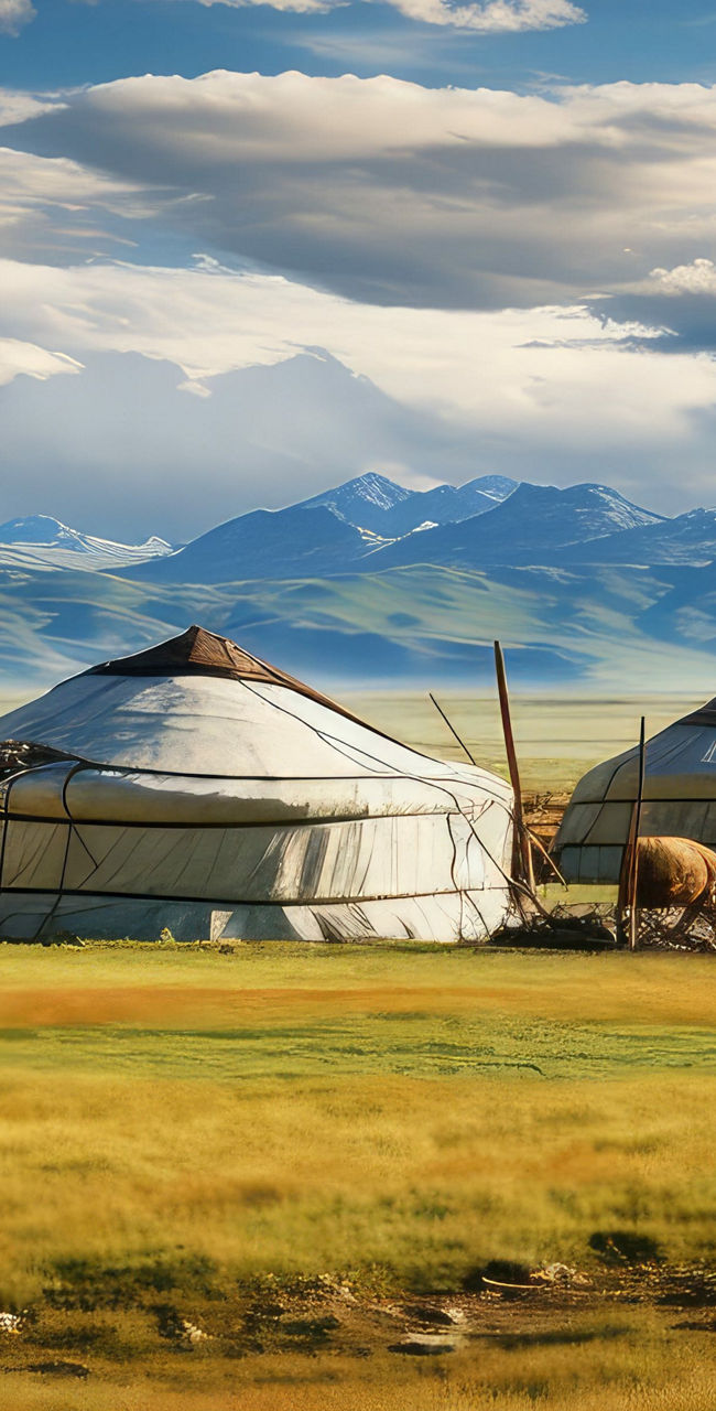 Traditional yurts in scenic Mongolian steppe
