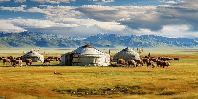 Traditional yurts in scenic Mongolian steppe