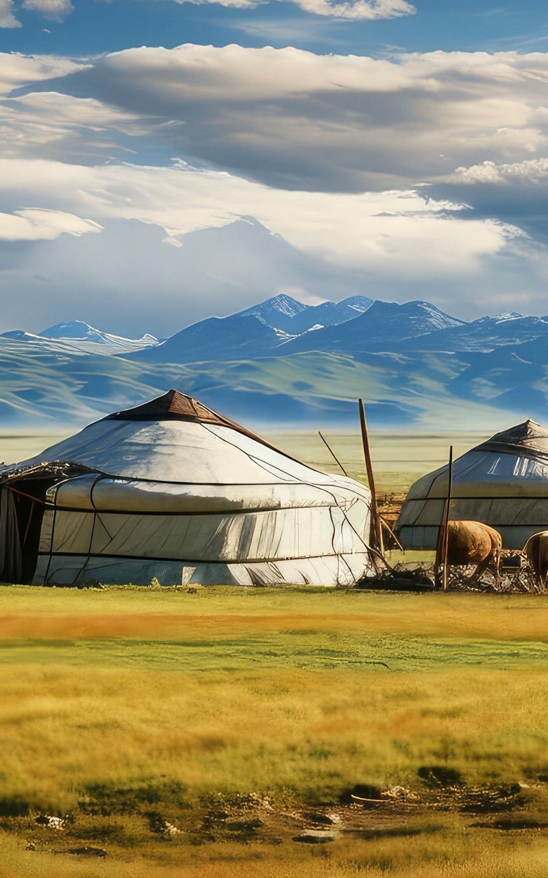 Traditional yurts in scenic Mongolian steppe