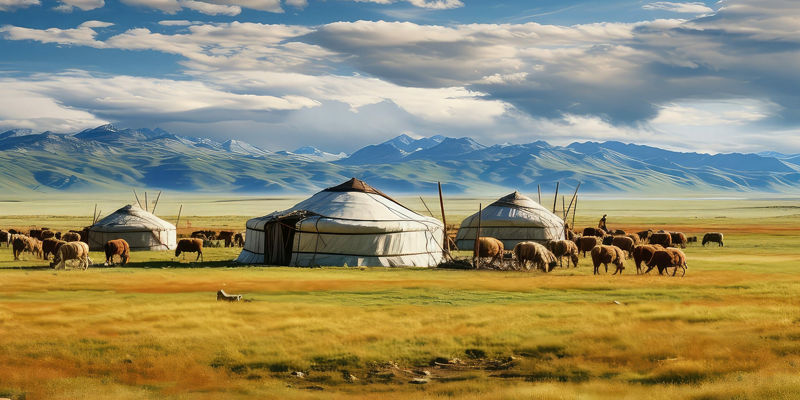 Traditional yurts in scenic Mongolian steppe