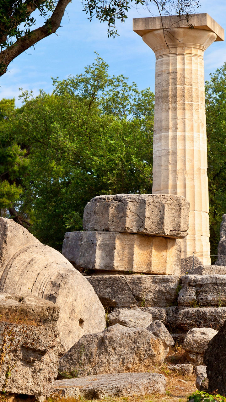 Ancient ruins with column and greenery