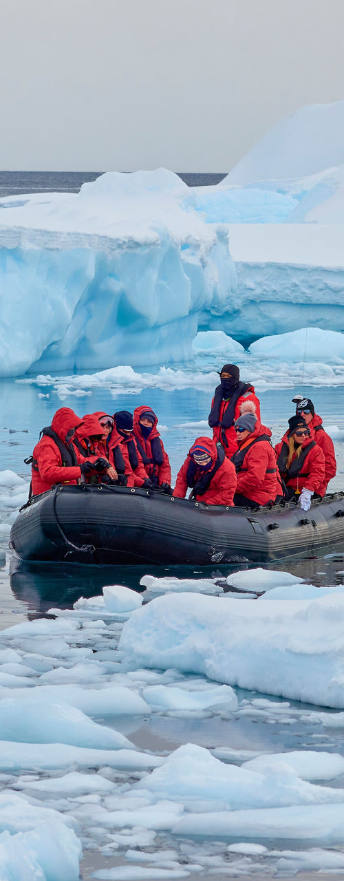 Group exploring icy waters in a boat